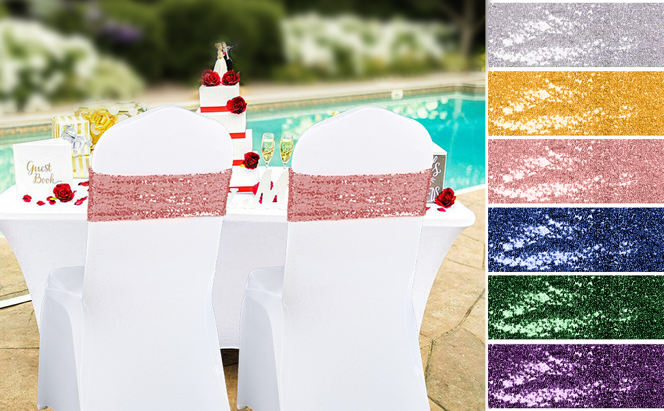 60 PCS Sequin Chair Sashes Elastic Spandex Chair Bands Rose