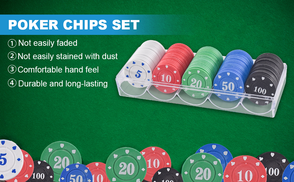 AudeRhine 100pcs Poker Chips with Tray, 5 Colors, Portable and Durable Poker Chips