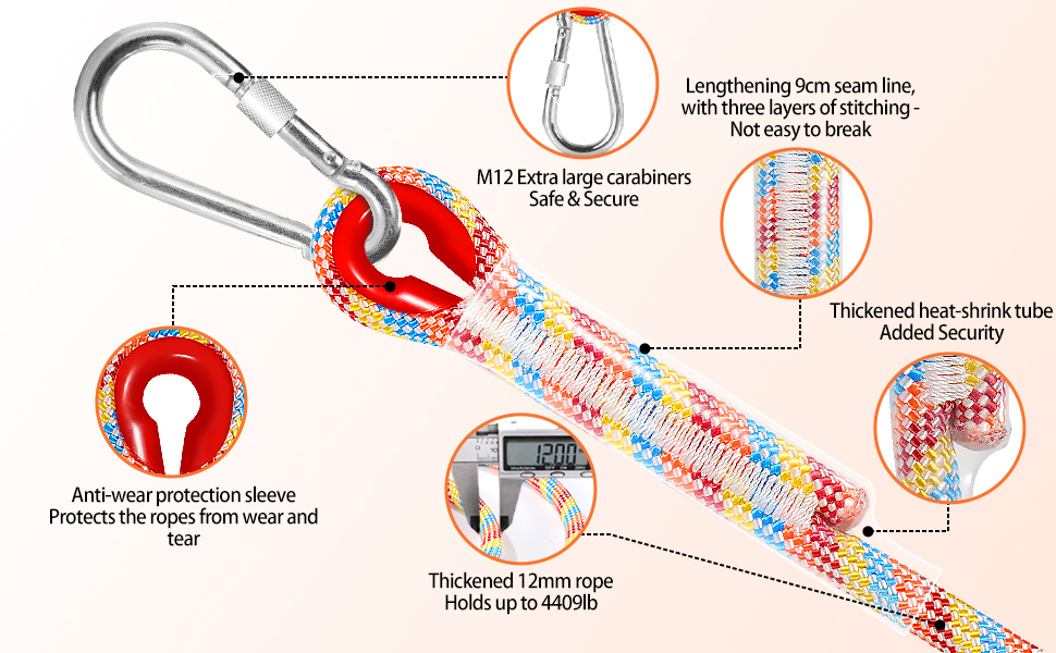 Tree Swing Ropes (Set of 2), 3FT/5FT/10FT/15FT/20FT, Tree Swing Straps Hanging Kit Holds 4400 lbs, Heavy Duty Carabiners for All Swing Hammock Playground Set Accessories (5 FT) 10 hammock hanging kit