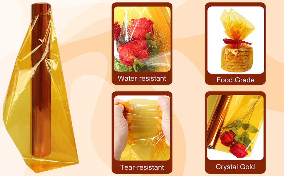 SYOGUA 34in x 100ft Gold Cellophane Wrap Roll, Transparent