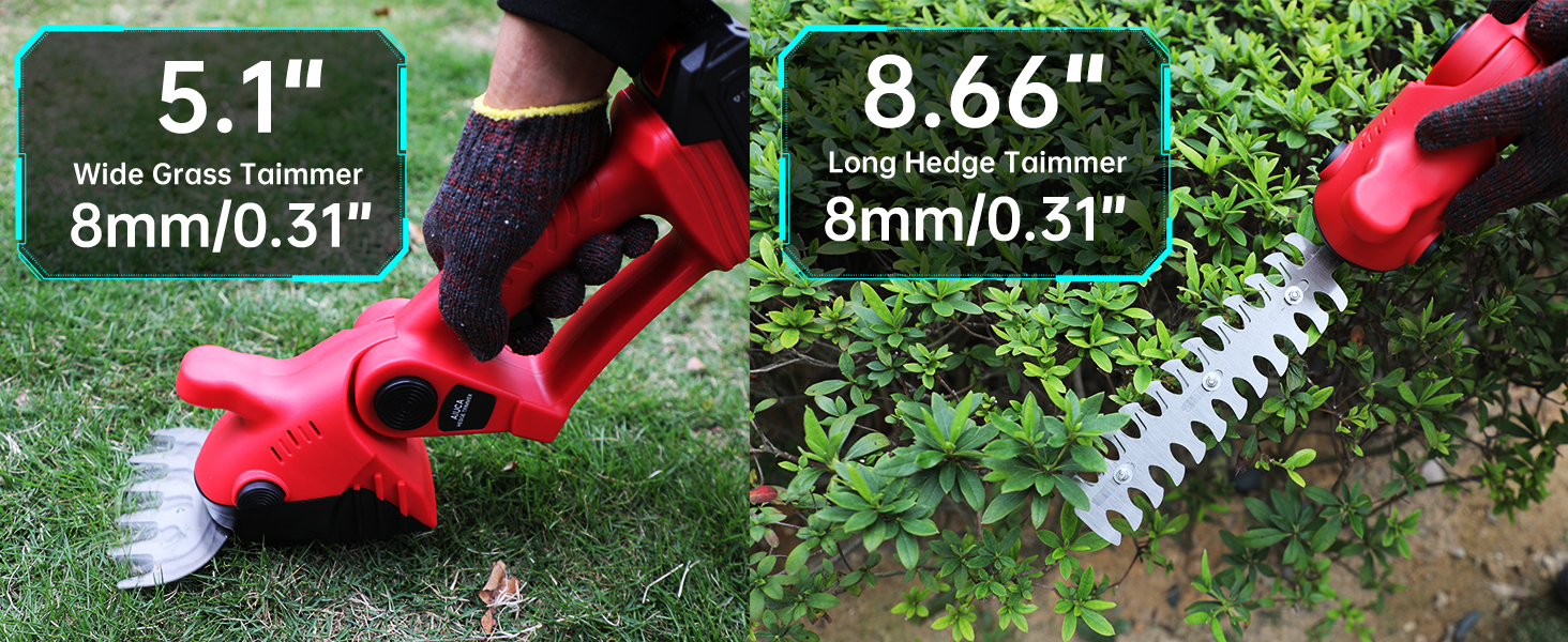 Two-panel image of cordless garden tools: left panel shows red grass trimmer with 5.1-inch width and 8mm blade. Right panel displays red hedge trimmer with 8.66-inch length and 8mm blade.