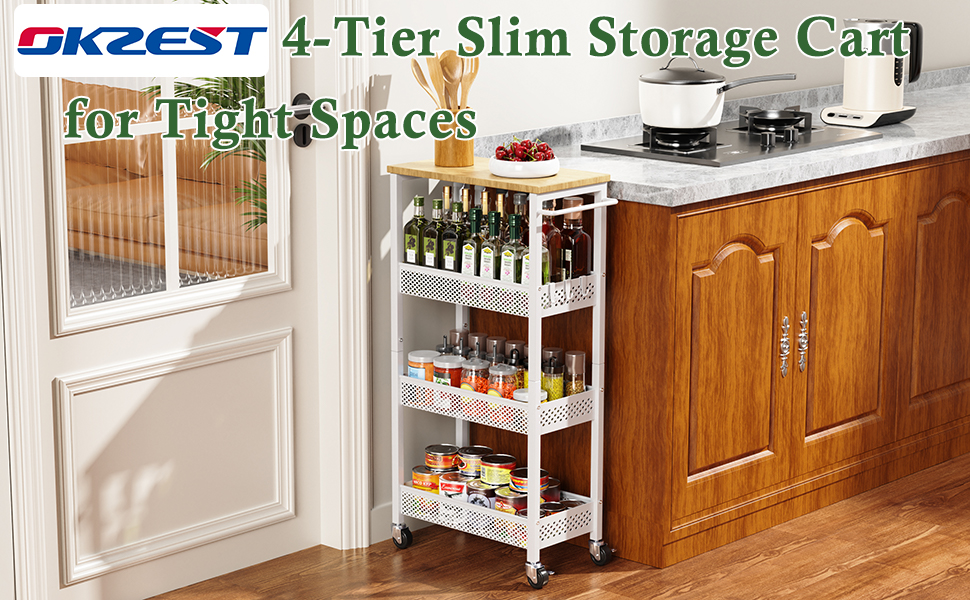OKZEST Utility Slim Storage Cart, 4Tier Narrow Kitchen Laundry Room Organization