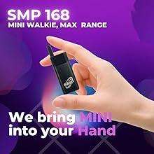 Text reads 'SMP 168 MINI WALKIE, MAX RANGE' and 'We bring MINI into your Hand'. Product advertisement showing hand holding small black walkie-talkie against purple background.