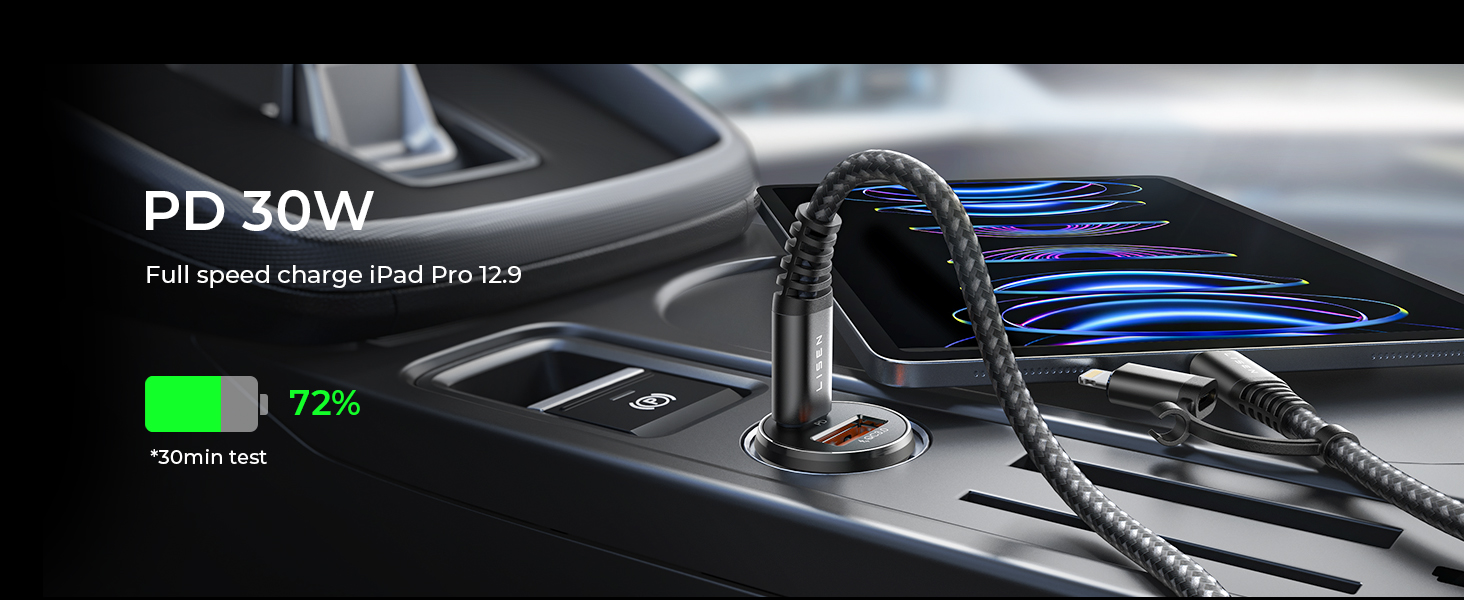Car charging interface displaying 72% charge status for a 30W PD fast charger, with a connected black braided cable visible.