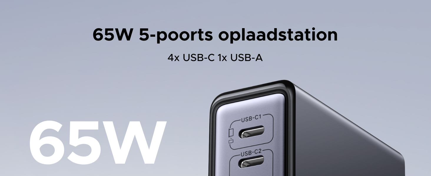Laadstation van 65 W met meerdere USB-C- en USB-A-poorten, weergegeven in een zwarte behuizing tegen contrasterende achtergronden.