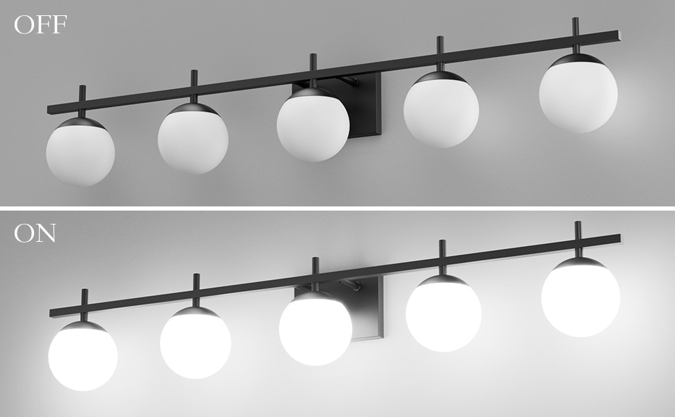 Ralbay Mid Century Modern Vanity Lights Black 5Light Milky Glass Mid