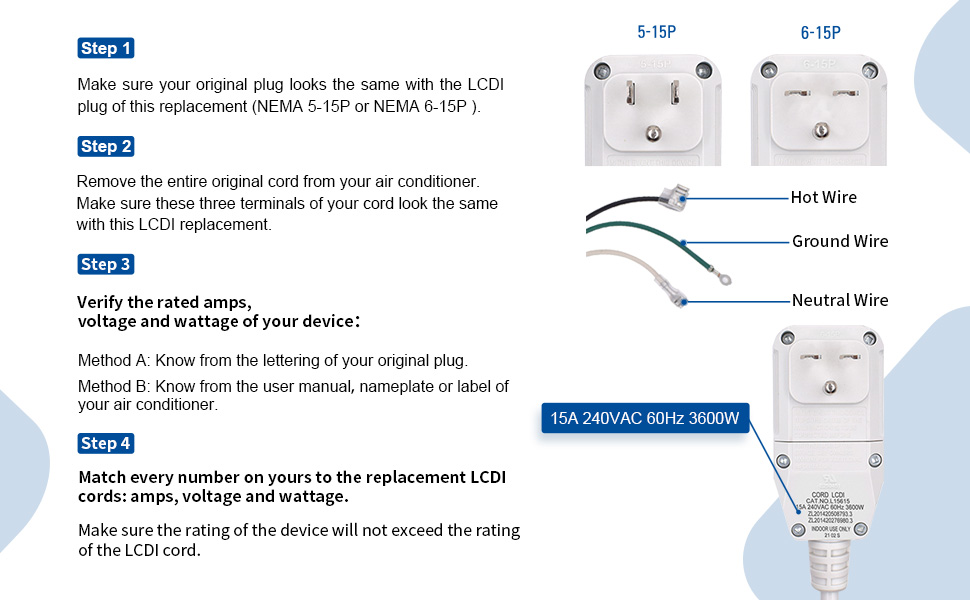 ELEGRP 240VAC 15Amp 3600W 14AWG LCDI Power Cord Plug 60Hz