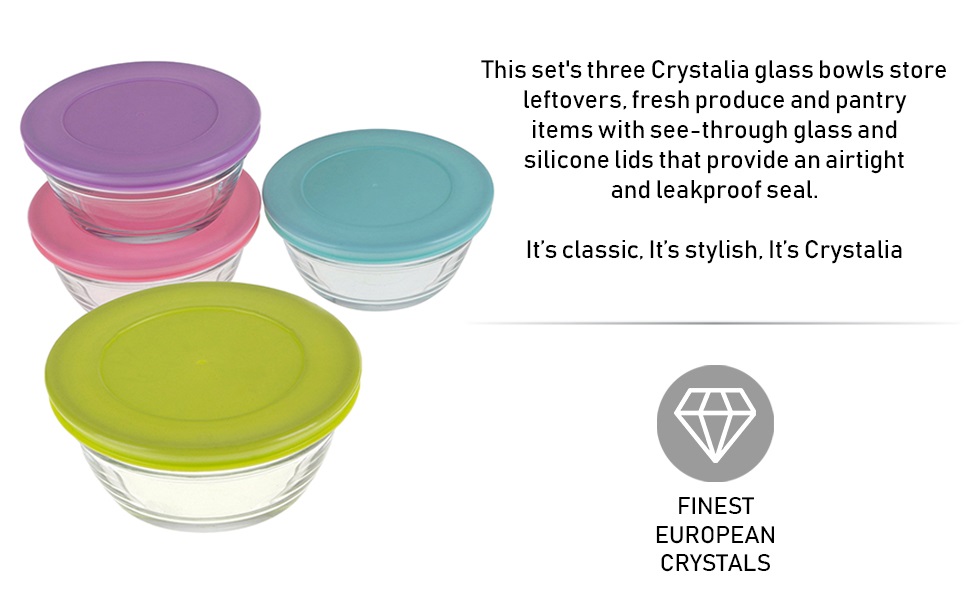 CRYSTALIA Round Glass Bowls with Lids, Set of 4, 250ml 100 LEAD FREE