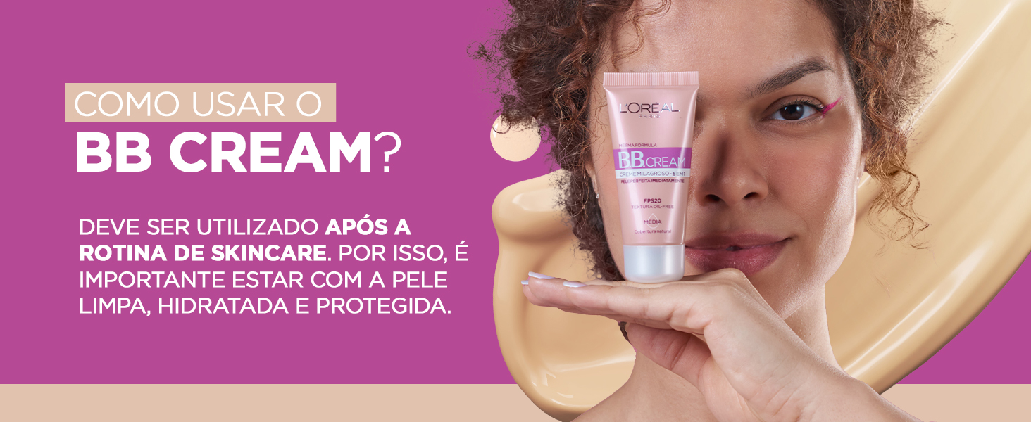 Mulher segurando o produto em frente ao rosto e a frase "Como usar o BB Cream?" em destaque