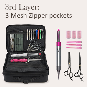Hairdressing kit with black case containing styling tools, brushes, combs, scissors, and a hair dryer. Text indicates '3rd Layer: 3 Mesh Zipper pockets'.