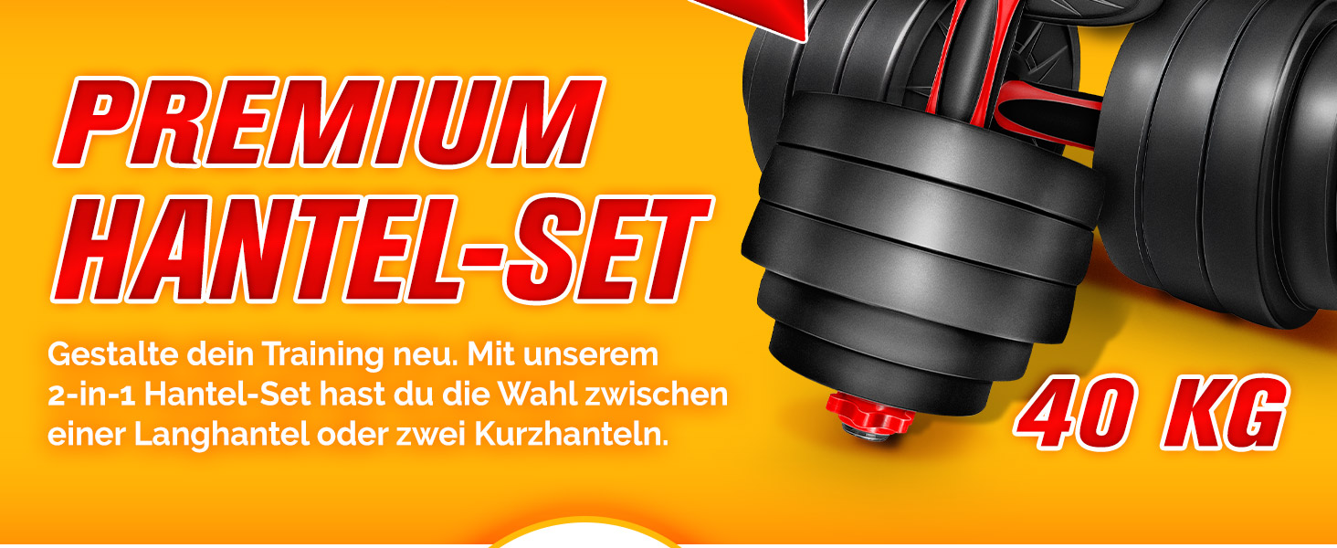 Verstellbares Hantelset mit schwarzen Gewichten und roten Akzenten. Text wirbt für ein „Premium Hantel-Set“ mit 40 kg Fassungsvermögen. Es bietet einen langen Griff oder zwei Kurzgriffoptionen für ein vielseitiges