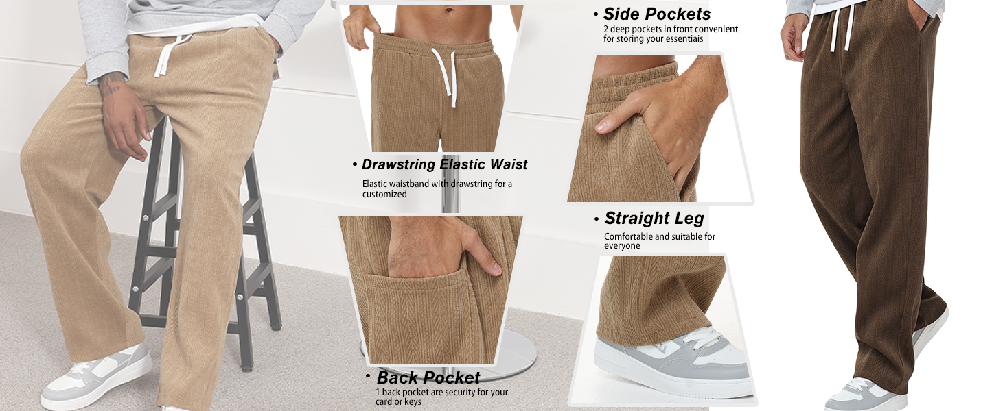 Mens Casual Elastic Waist Drawstring Baggy Pants Loose Fit Wide Leg Straight Sweatpants