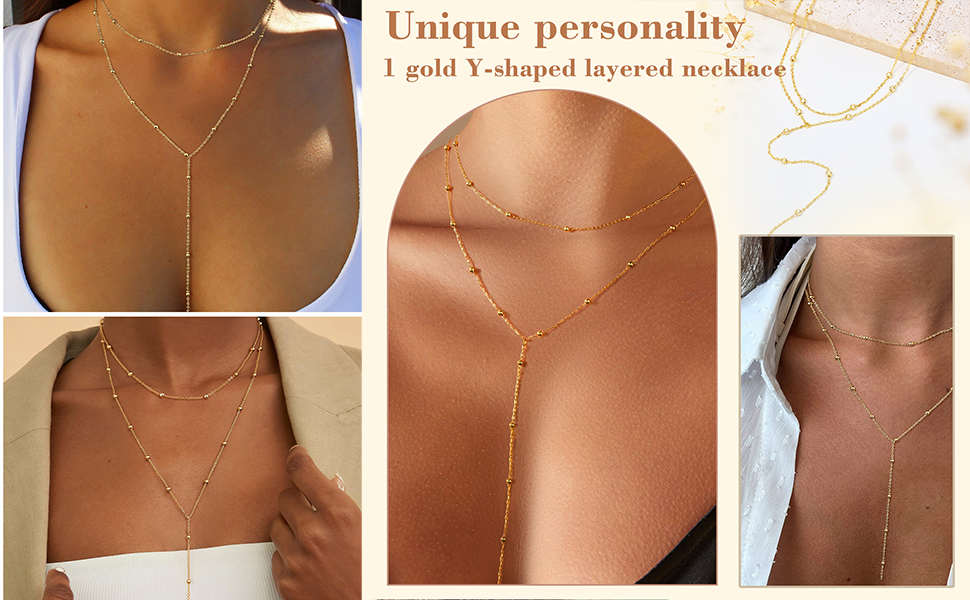 Design de collier en forme de Y présenté en métal cuivré ou doré rose, présenté dans plusieurs vues mettant en valeur son motif minimaliste