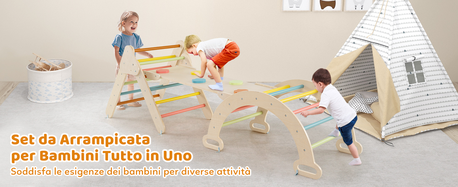 Il testo recita «Set da Arrampicata per Bambini Tutto in Uno». Attrezzatura da arrampicata colorata con motivo a strisce arcobaleno, progettata per il gioco dei bambini.
