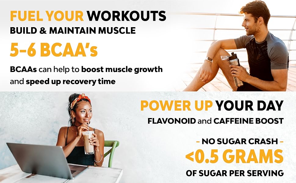 fuel your workouts, power up your day, build muscle, no sugar crash