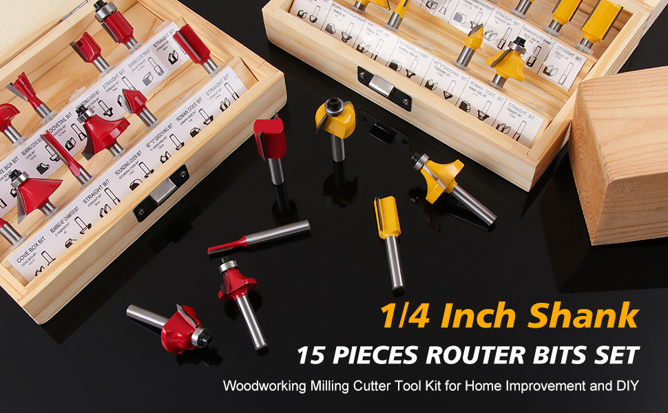 Flytuo 15 Pieces Router Bits Set 1/4 Inch Shank, Tungsten Carbide