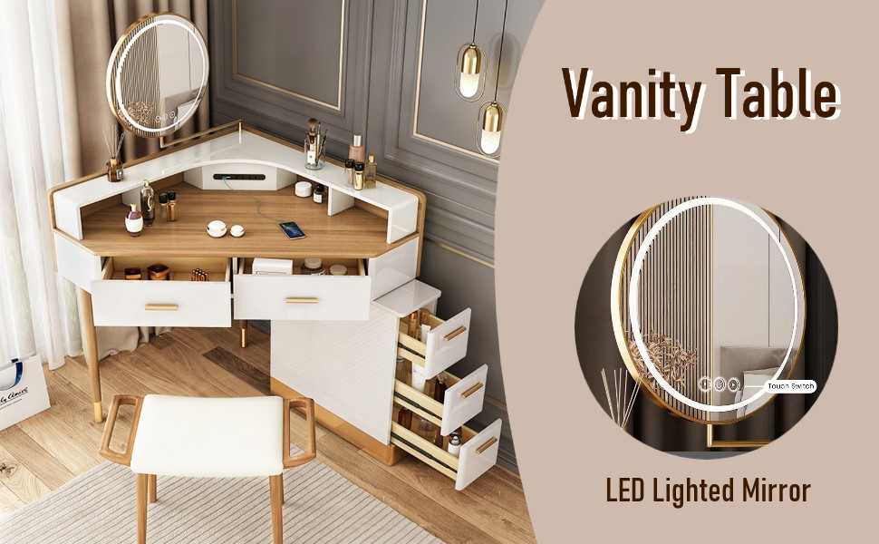 Vanity Desk with Mirror and Lights, Makeup Table Set with