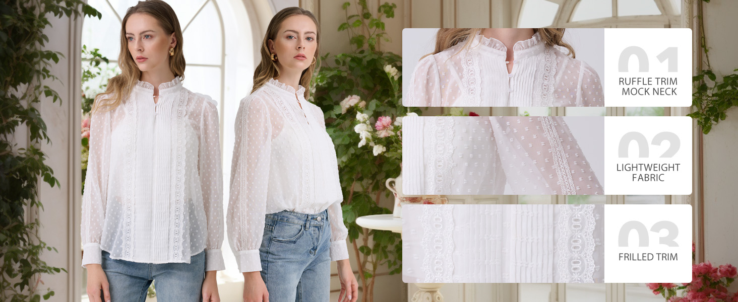 white long sleeve chiffon women Victorian Edwardian dressy casual mock neck vintage pom summer 2024