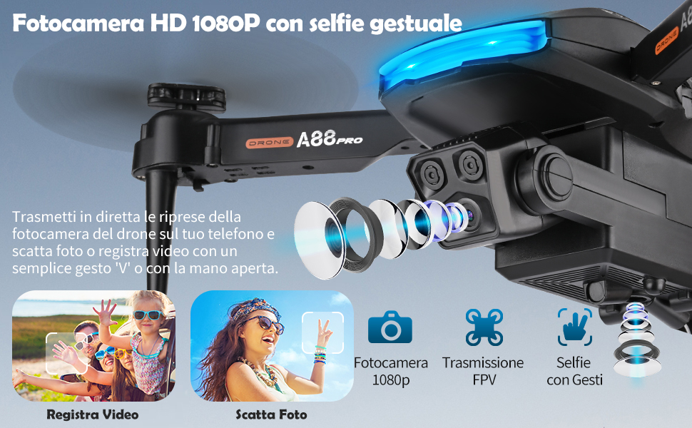 Drone nero con fotocamera HD 1080P e controllo gestuale selfie. Le funzionalità includono la trasmissione FPV, la registrazione video e l'acquisizione di foto. Luci LED blu visibili sul dispositivo.