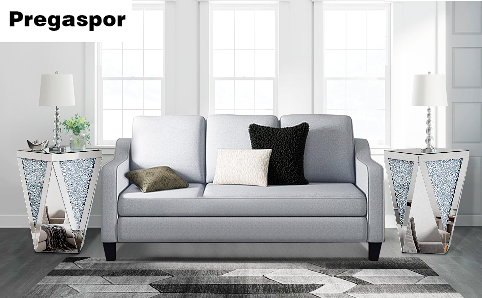 Pregaspor Silver Mirrored End Table, Crystal Inlay Side