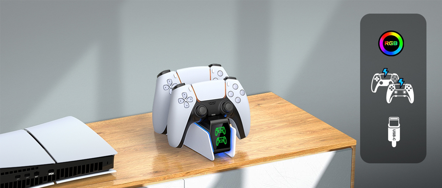 HELLCOOL PS5 Controller Charger, PS5 Charging Station for Playstation 5 Controller, PS5 Charger Dock for Dualsense Wireless/Edge Controller, PS5 Docking Station with 2-3 Fast Charging/Cool RGB Light 9 PS5 Controller Charger