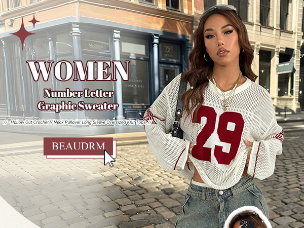 BEAUDRM Women's Number Letter Graphic Sweater Hollow Out Crochet V