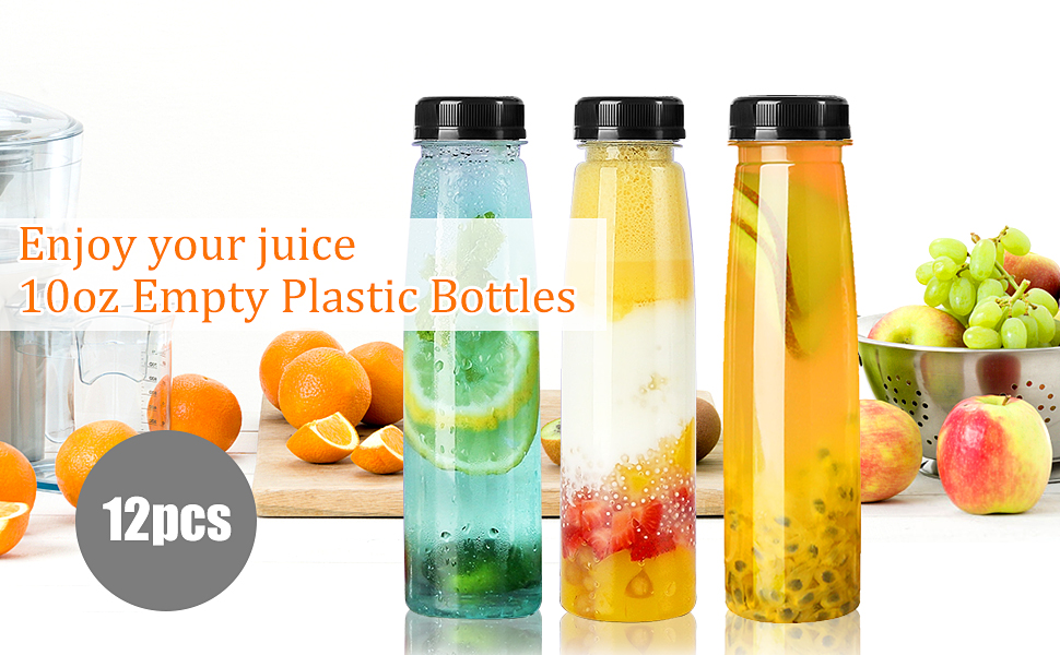 LOVLLE 10 Oz Plastic Bottles with Caps 12Pcs Juice Bottles