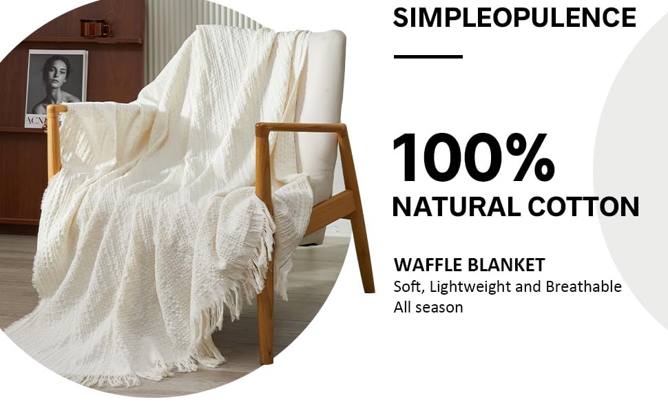 Simple&Opulence 100% Cotton Throw Blanket for Couch, Bed, Waffle Weave Cable Knit Blanket with Tassels, Soft Lightweight Pre-Washed Breathable Cozy Blanket Farmhouse Decoration for All-Season (White)