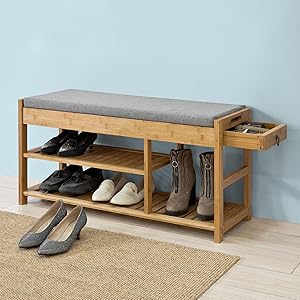 SoBuy FSR47-N Schuhbank Mit Sitzfläche Und Schubladen, Garderobenbank Schuhregal Schuhablage Sitzbank Aus Bambus, BHT Ca: 90x45x30cm 16 1
