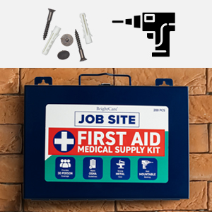 First aid kit for contractors that is wall mountable with screws and drill isolated