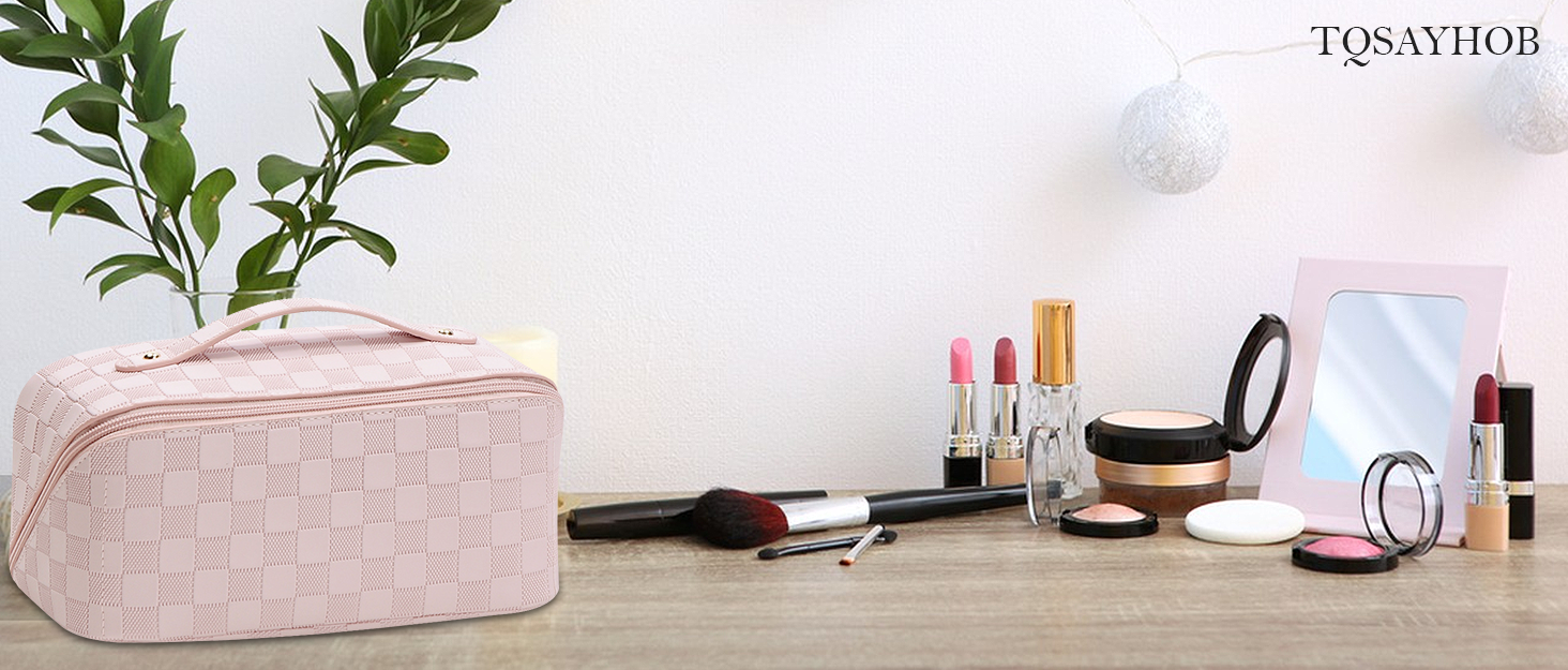 Large Travel Makeup Bag for Women, PU Leather Waterproof Makeup Bag Organizer, Portable Cosmetic