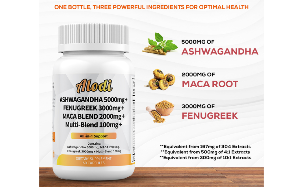 Ashwagandha 5000mg, Fenugreek 3000mg, Maca Root 2000mg All