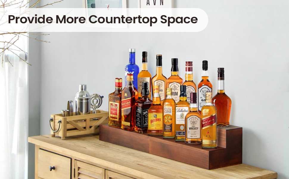 B4Life Liquor Bar Bottle Display Shelf, 2 Tier Real Wood Bar Shelves