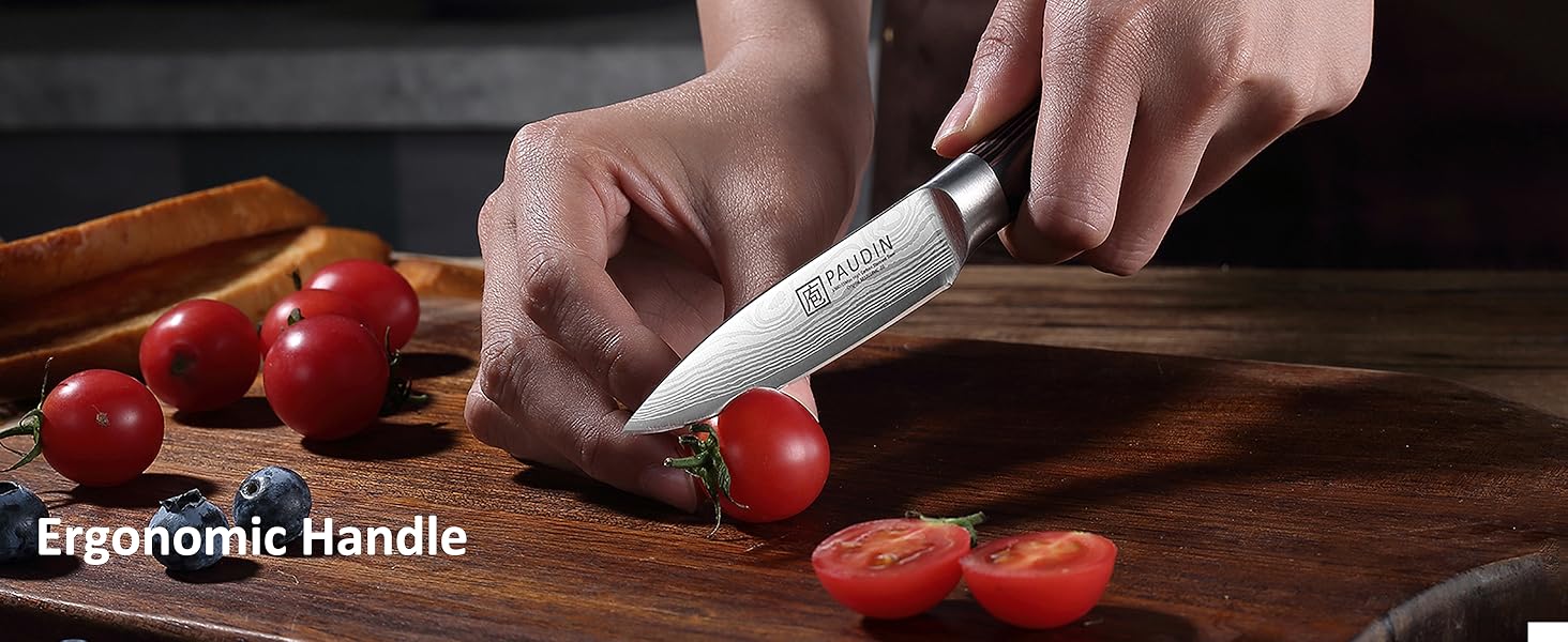 Kitchen knife with ergonomic handle being used to slice red tomatoes on wooden cutting board.