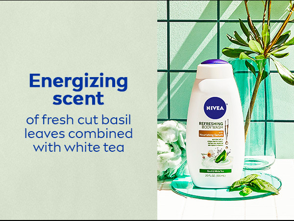 Energizing scent of fresh cut basil leaves combined with white tea
