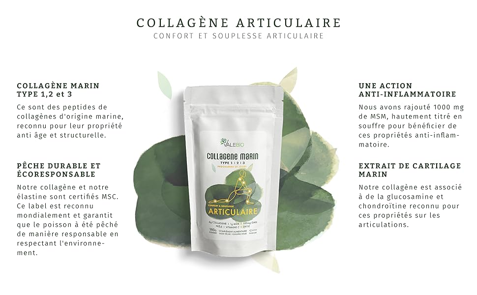 Collagene Marin type 123 Confort et souplesse articulaire 180g, collagene poudre Valebio Collagene Marin type 123 Confort et souplesse articulaire 180g, collagene poudre Valebio