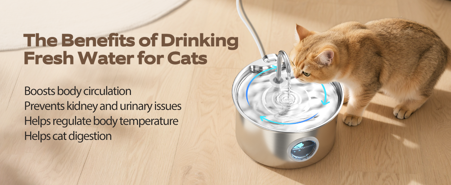 Text reads 'The Benefits of Drinking Fresh Water for Cats'. Cat drinking from a pet water fountain on a beige surface.