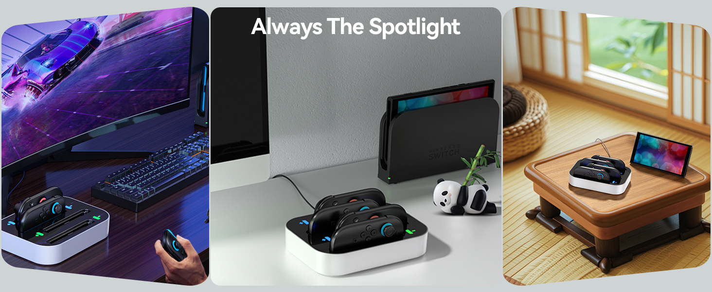 Le texte se lit comme suit : « Toujours sous les projecteurs ». Image à trois panneaux montrant une lampe de bureau à LED dans différents paramètres : configuration de jeu, bureau et table de salon.