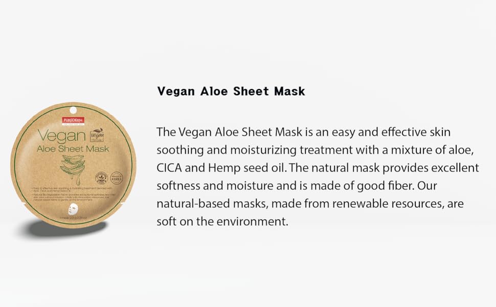PUREDERM Vegan Facial Sheet Masks (Trio 12 set) Aloe, Tea Tree, Vitamin Face