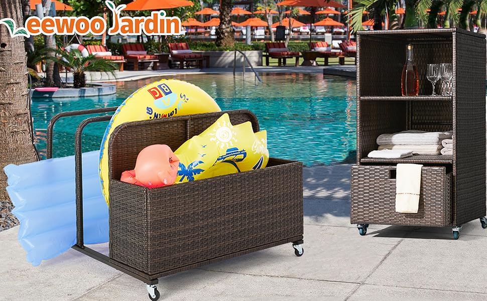 Pool toy holder storage and outdoor wicker towel storage