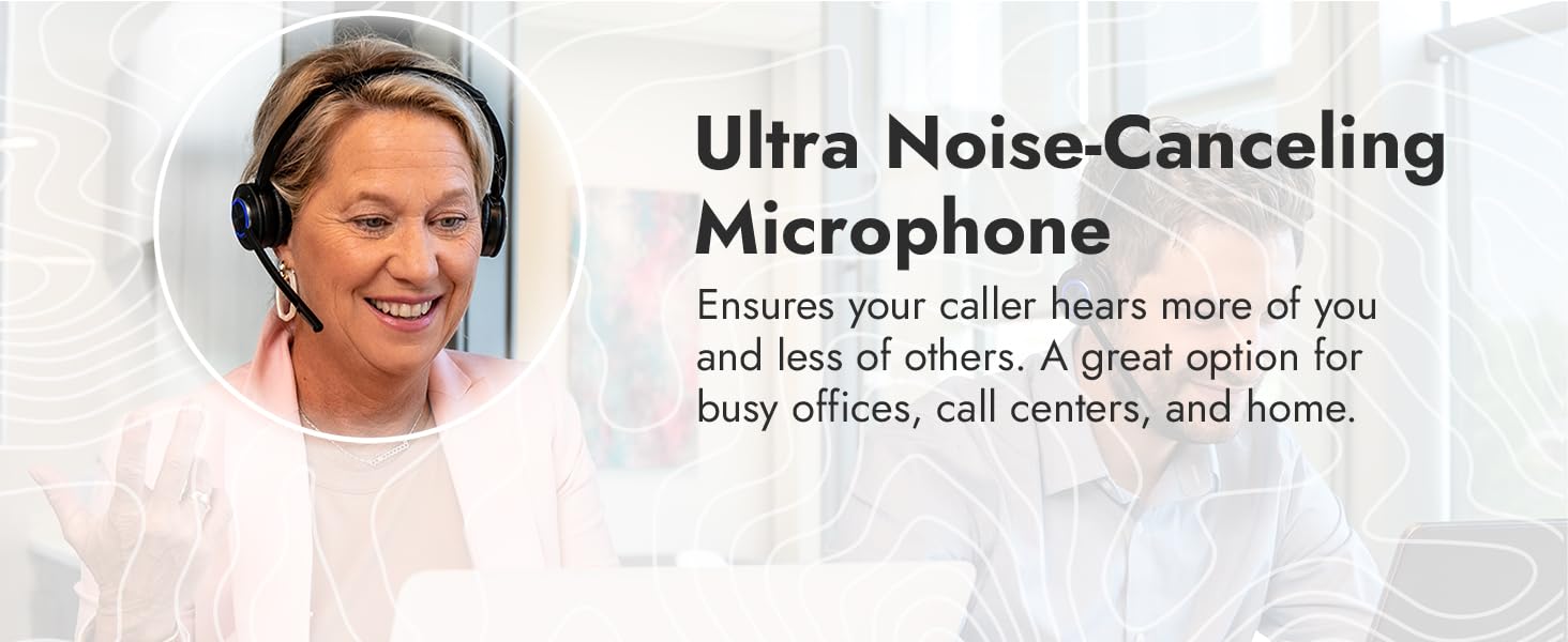 Wireless headset with noise-canceling microphone. Telephone headsets with noise-canceling mic.