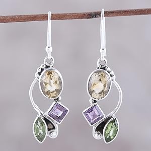  NOVICA Handmade Multigemstone Dangle Earrings Citrine Amethyst Peridot .925 Sterling Silver India 