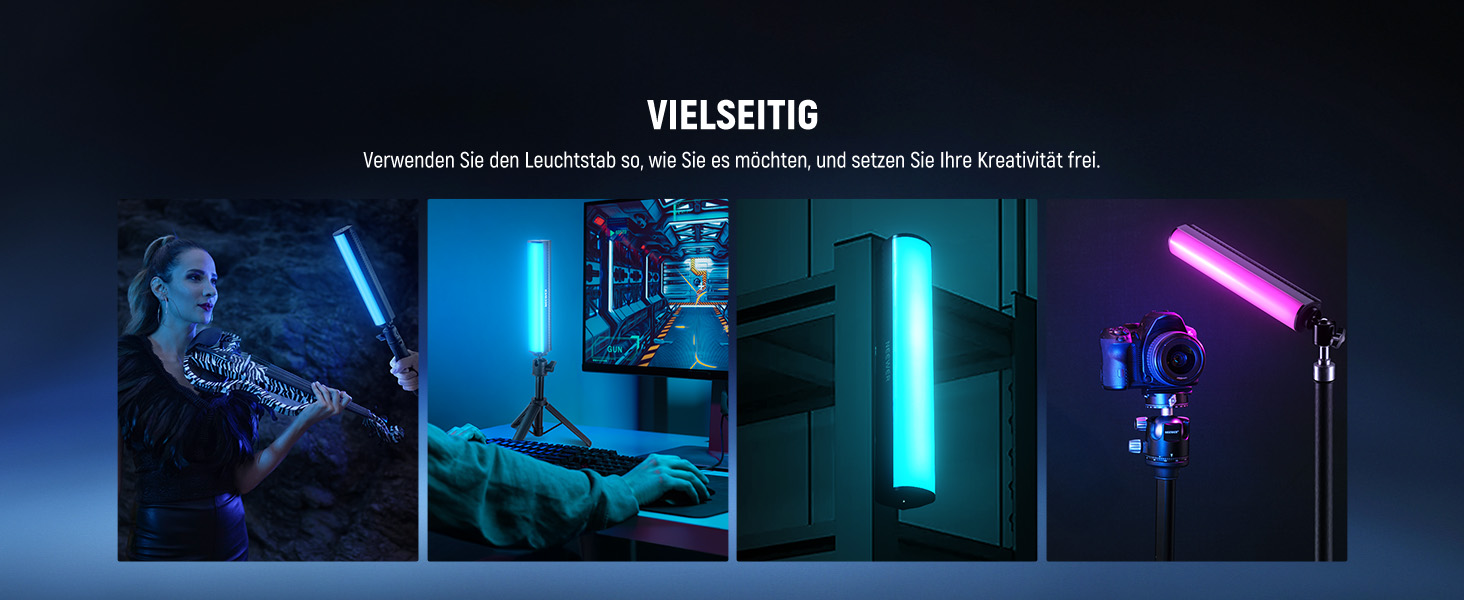 Collage aus bunten LED-Lichtleisten in verschiedenen Umgebungen: in der Hand, auf dem Schreibtisch, an der Wand und auf dem Kamerastativ. Demonstriert die Vielseitigkeit bei Beleuchtungsanwendungen