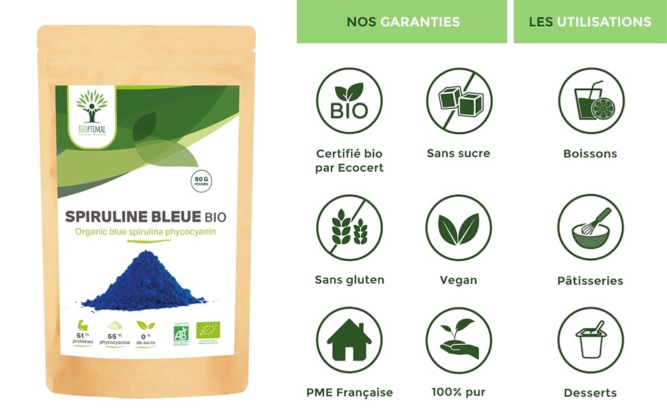 Spiruline Bleue Bio Bioptimal En Poudre 30 Phycocyanine Blue 80