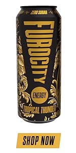 Furocity energy drink by Tyson Fury with caffeine and zero sugar. Tropical Thunder flavour.