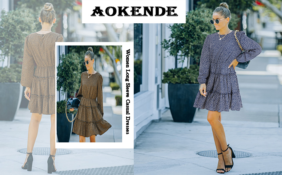 Women’s Long Sleeve Casual Crew Neck Ruffle Mini Dress 