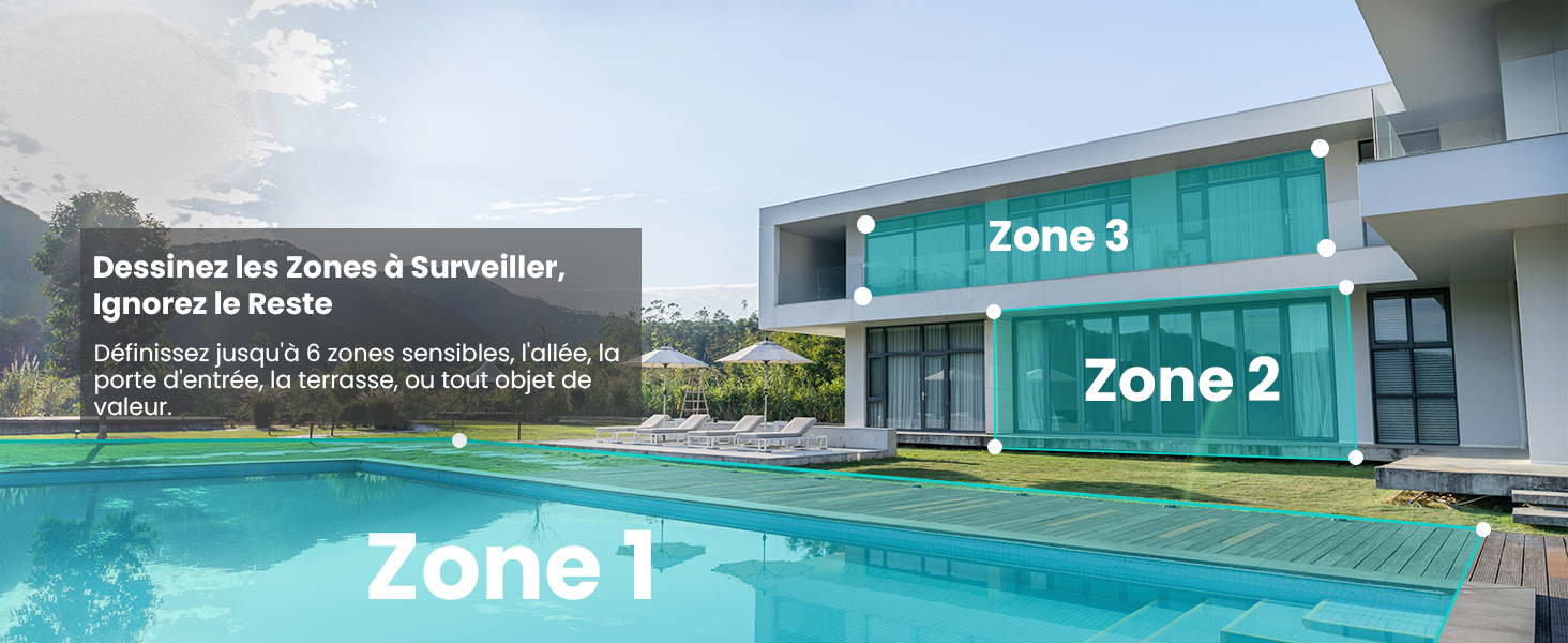 Le texte se lit comme suit : « Zone 1 », « Zone 2 » et « Zone 3 ». Vues extérieures d'un complexe de bâtiments modernes avec des zones de piscine divisées en différentes zones.