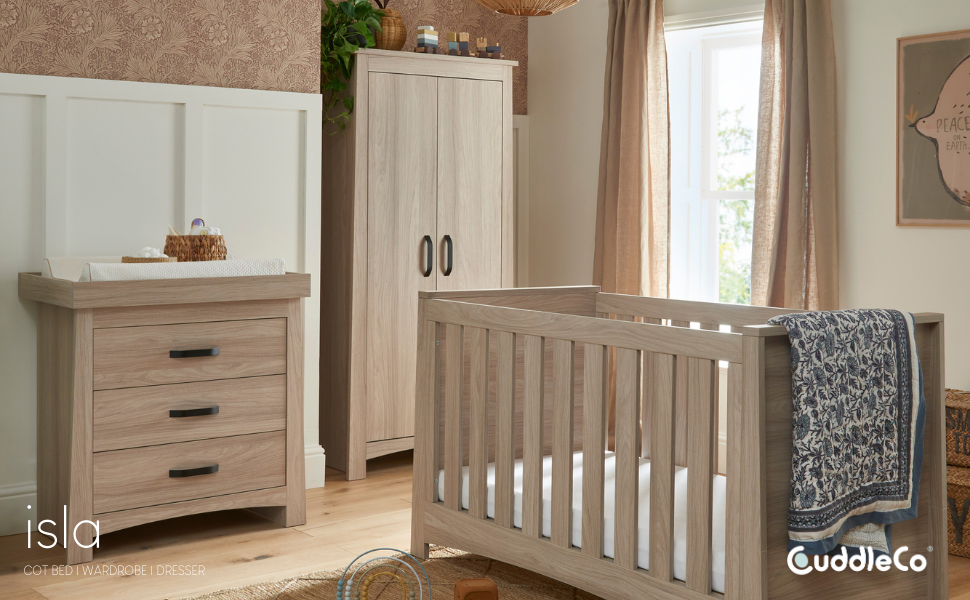 The Isla collection is made of a convertible cot bed, 2in1 dresser /changing unit & double wardrobe