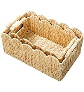 Coeusy Scalloped Edge Wicker Basket,Hand-Woven Rattan Baskets with Wooden Handles,Natural Water H...