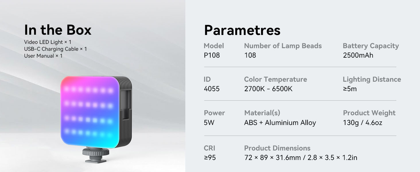 SmallRig P108 RGB Video Light,Portable LED Camera Lights 360° Full Color